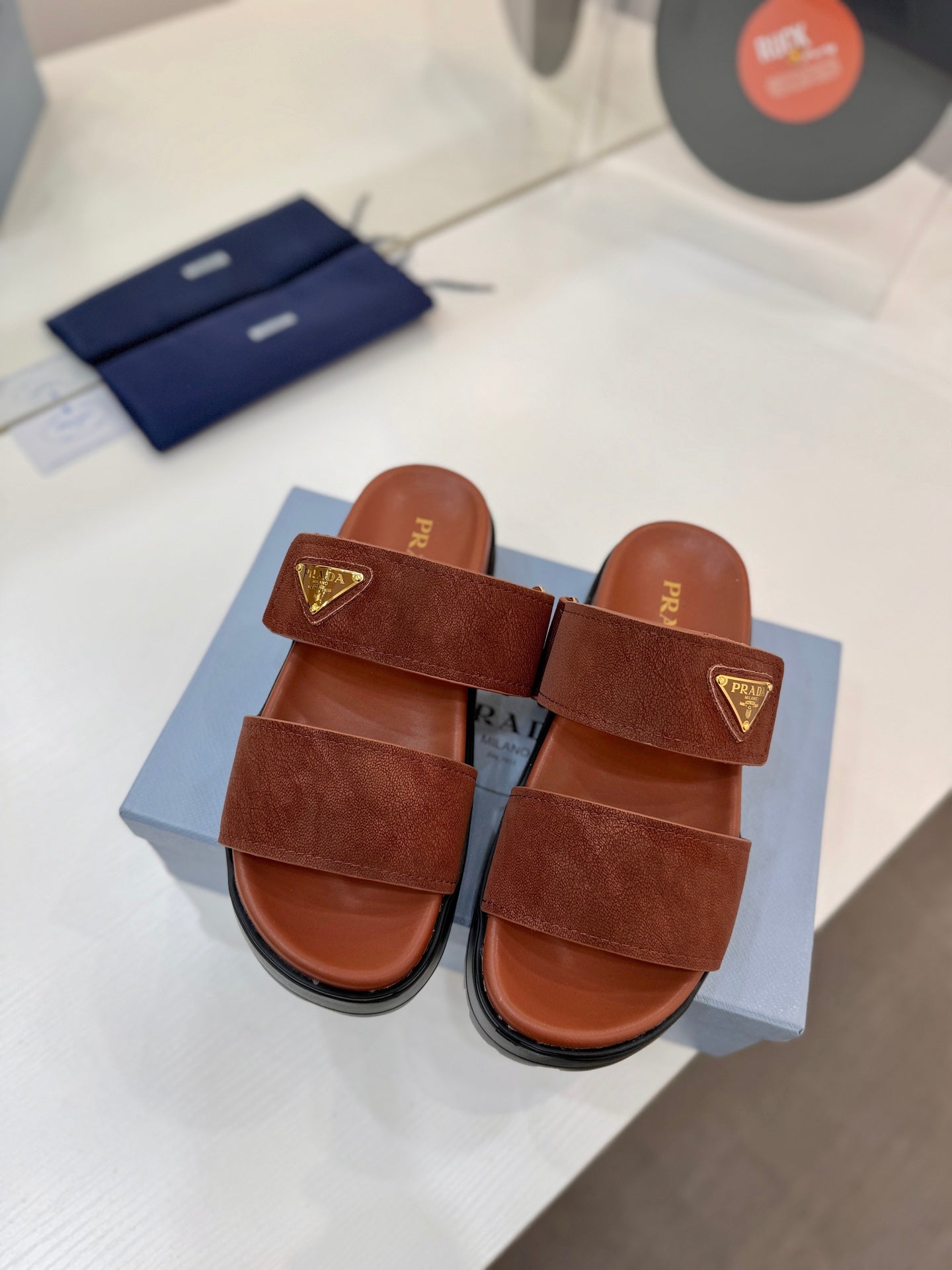 Prada 26s Double-Strap Sandals 5cm Coffee Suede Leather 941596