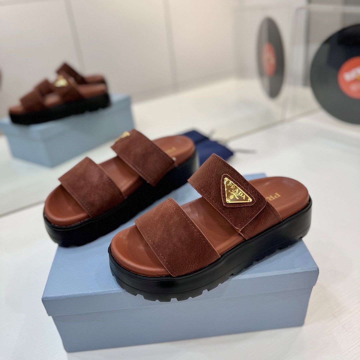 Prada 26s Double-Strap Sandals 5cm Coffee Suede Leather 941596
