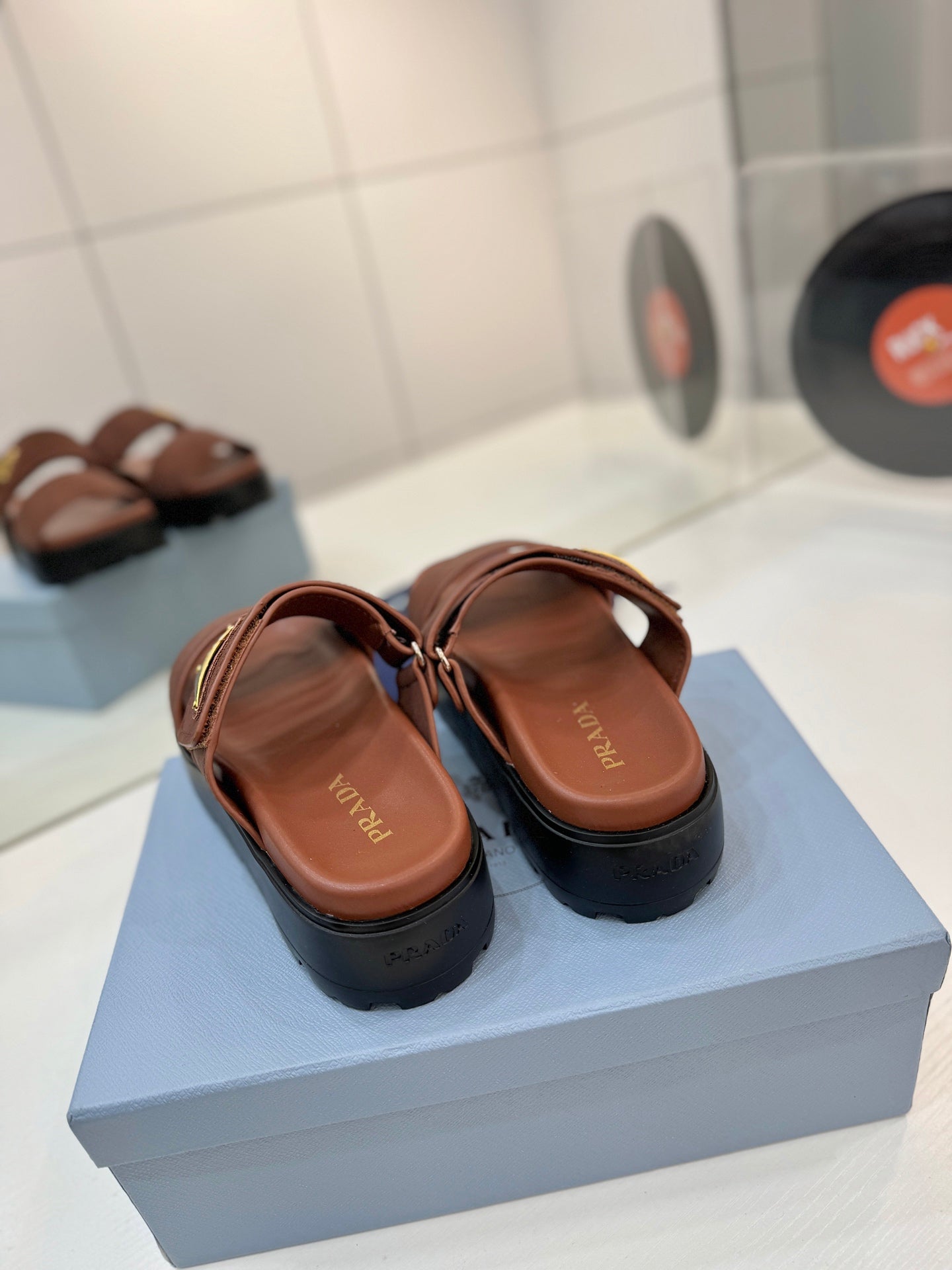 Prada 26s Double-Strap Sandals 5cm Coffee Suede Leather 941596