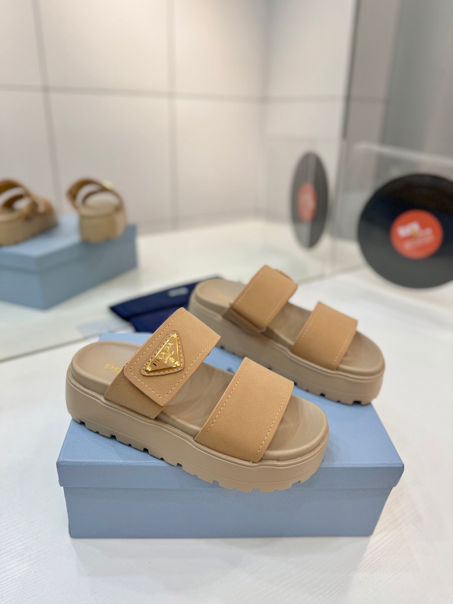 Prada 26s Double-Strap Sandals 5cm Beige Suede Leather 941597