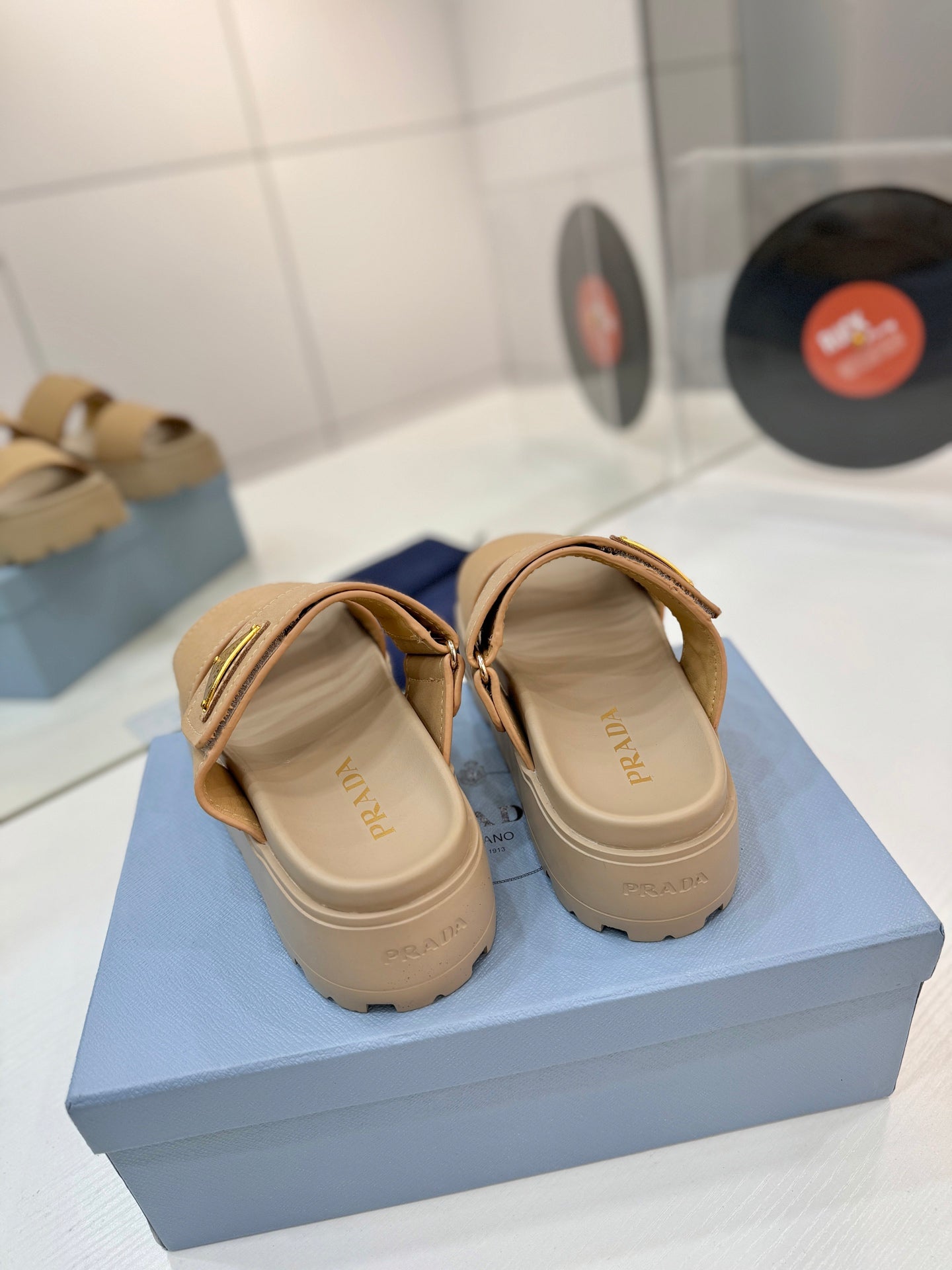 Prada 26s Double-Strap Sandals 5cm Beige Suede Leather 941597