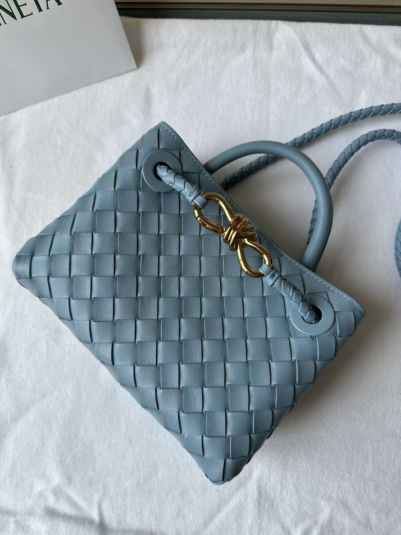 BV Small Andiamo Bag 20cm Blue Intrecciato Leather 291441