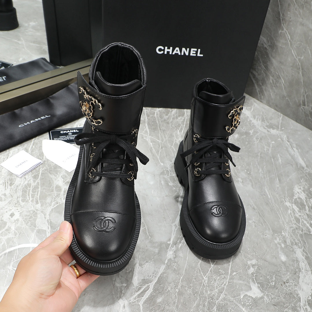 CC Interlocking Logo Combat Boots Full Black Quilted Lambskin 432654