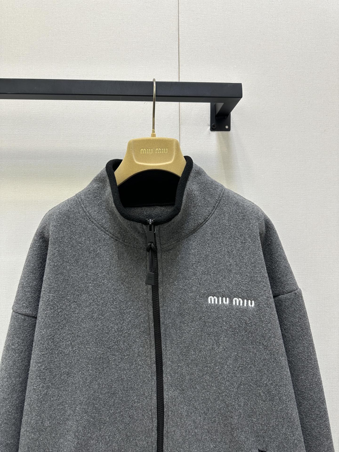 Miu Embroidered Fleece Hooded Zip-Up Jacket Dark Grey Cashmere 346110