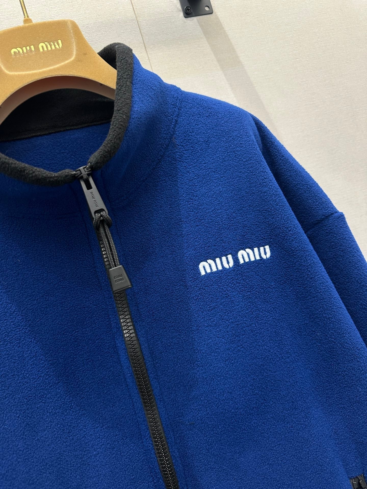 Miu Embroidered Fleece Hooded Zip-Up Jacket Dark Blue Cashmere 346106