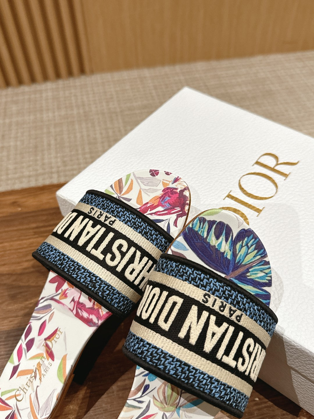 CD 26s Slide Sandals In Multicolor Butterfly Print Logo Strap