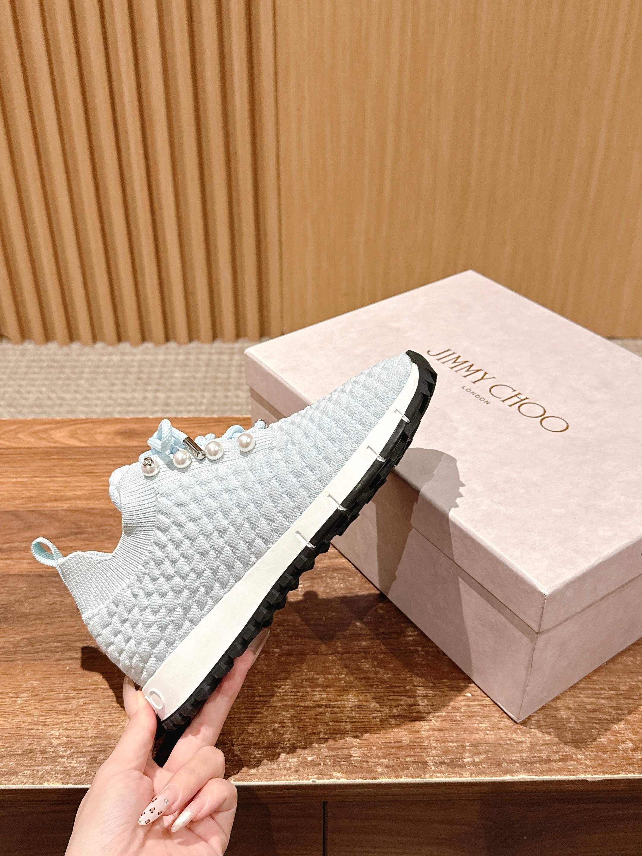 Jimmy Pearl - Embellished Sneakers Light Blue Textured Knit 400157