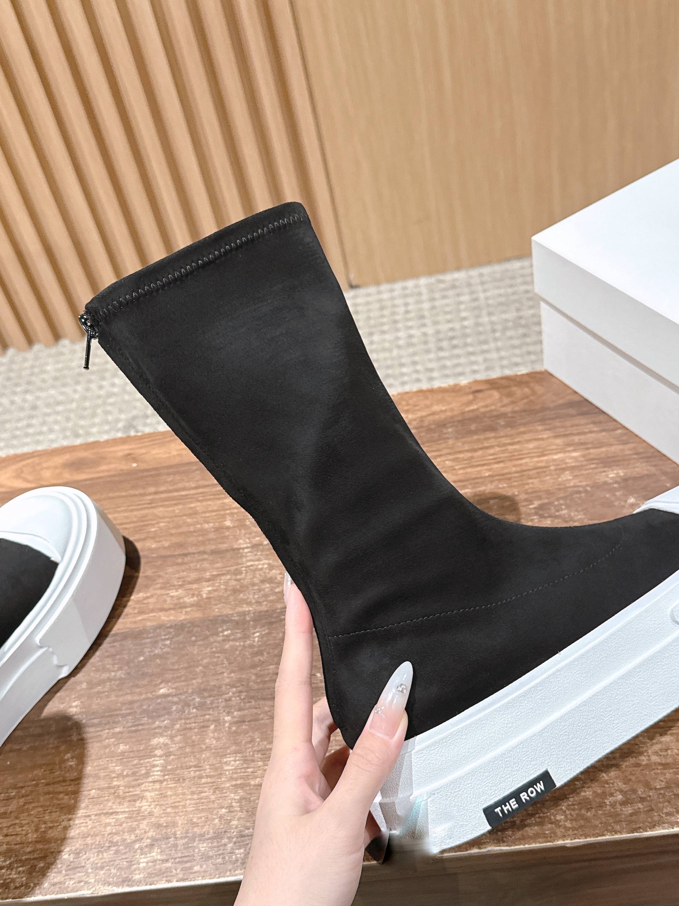 The Row Thick-soled Classic Round Toe Stretch Boots Black White Suede 444176