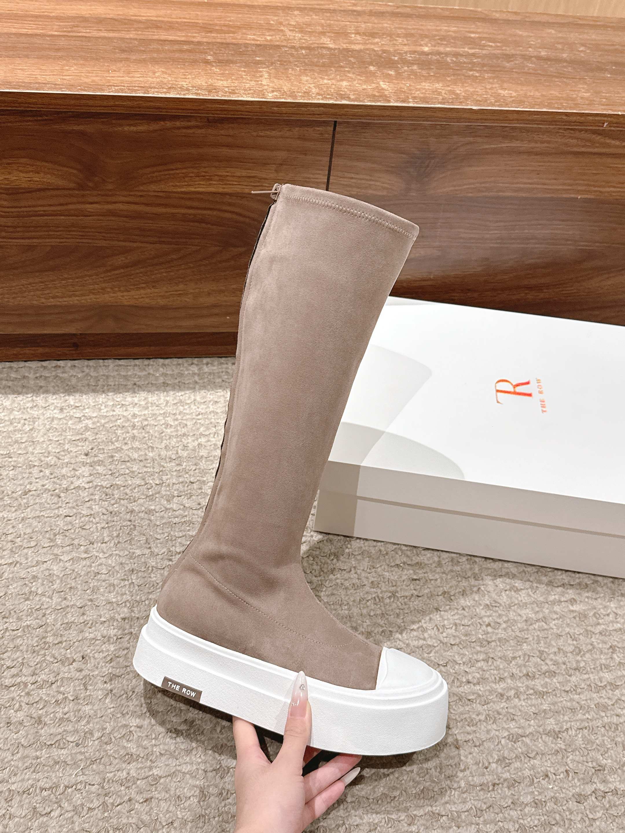The Row Thick-soled Classic Knee-high Boots Light Brown White Suede 444172