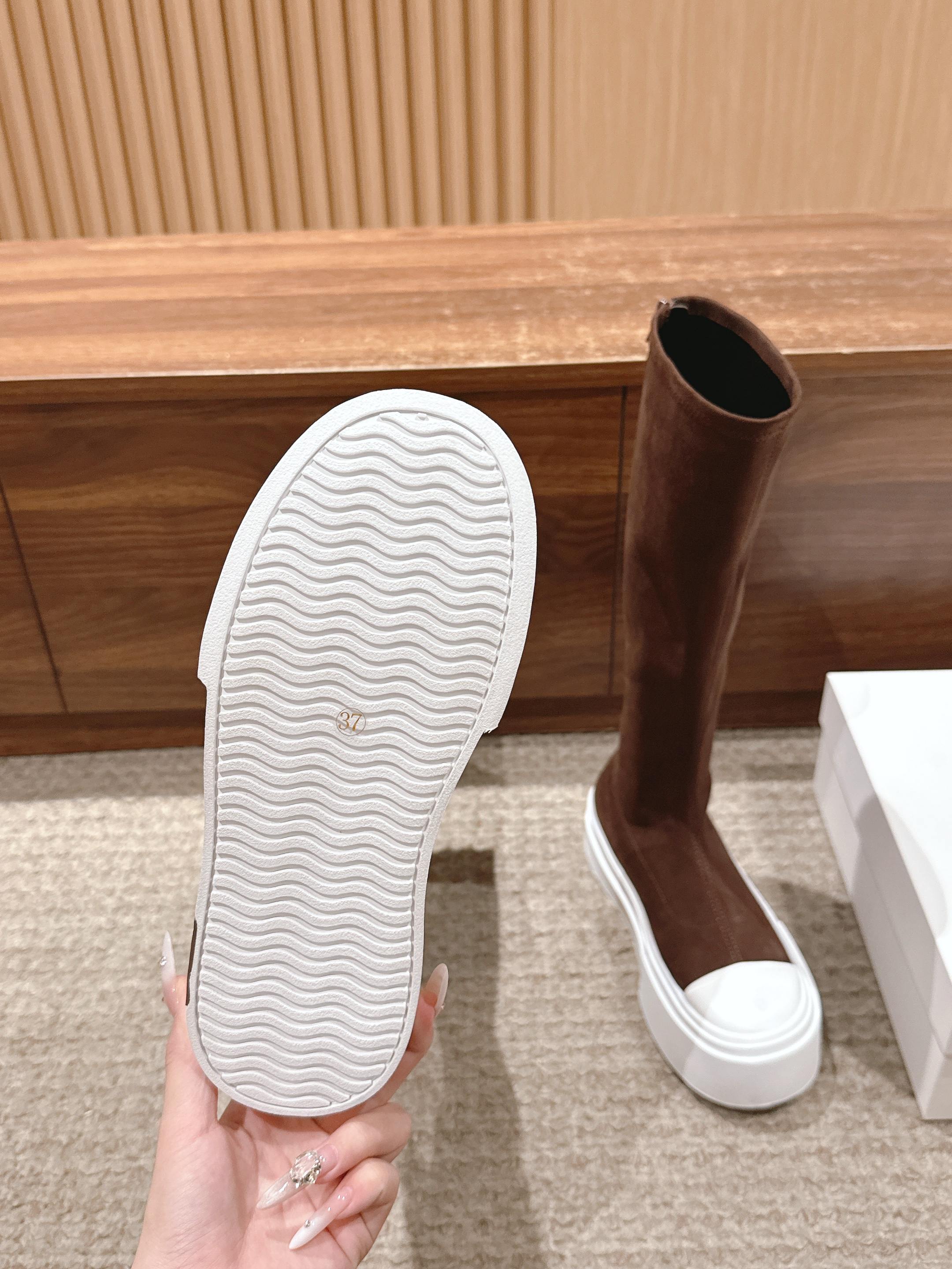The Row Thick-soled Classic Knee-high Boots Brown White Suede 444171