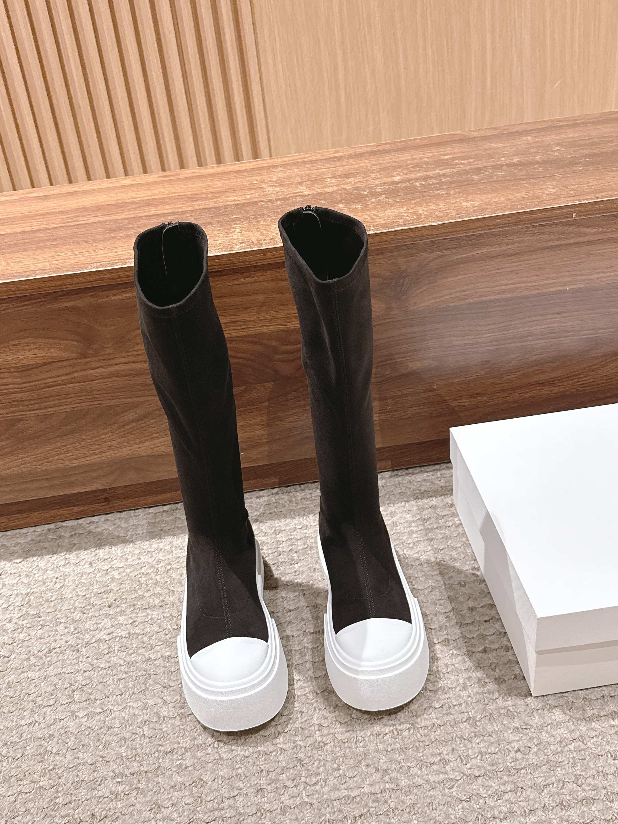 The Row Thick-soled Classic Knee-high Boots Black White Suede 444173
