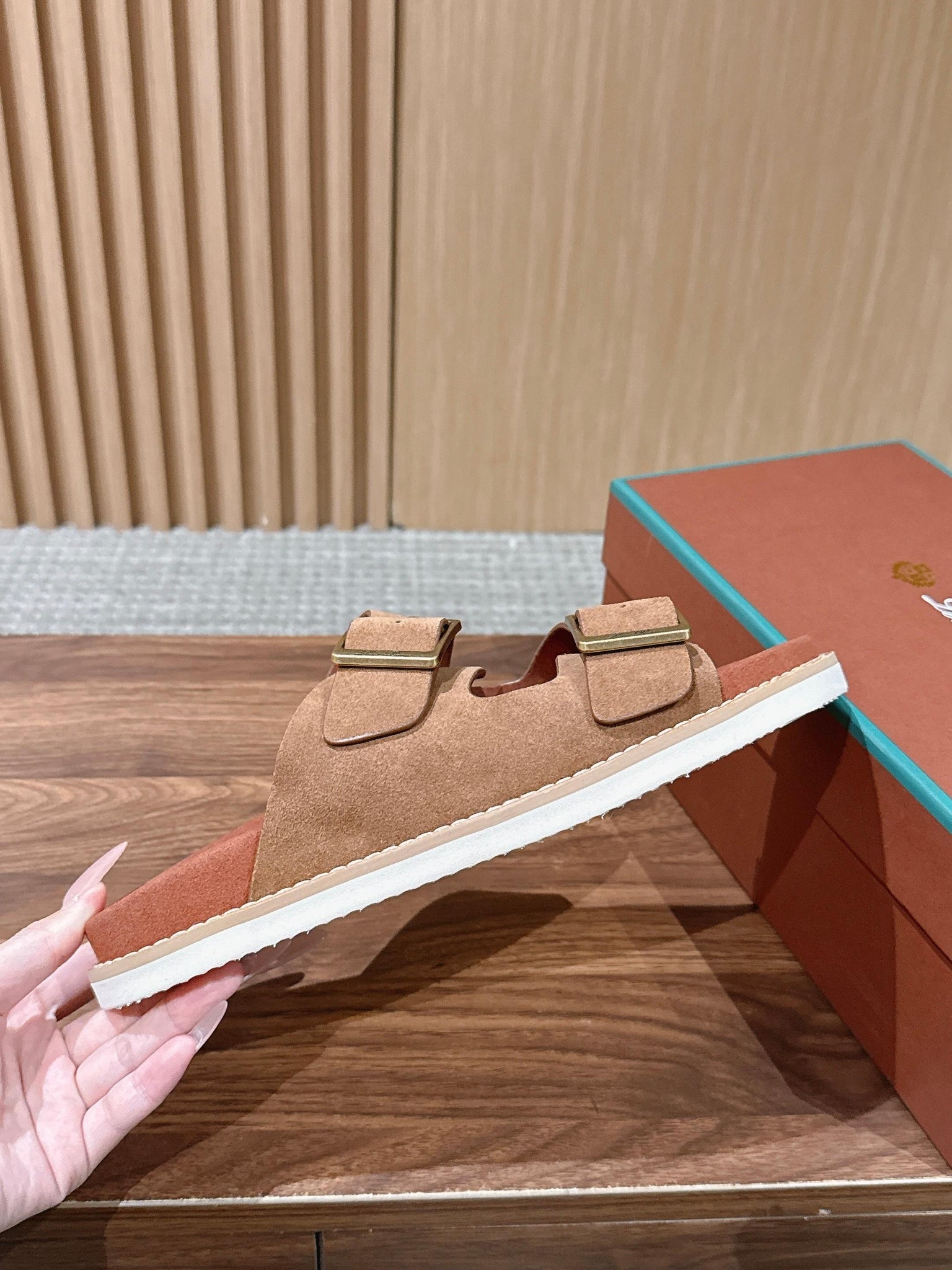 LP 26s Men’s Double Buckle Slides In Brown Suede Gold Hardware