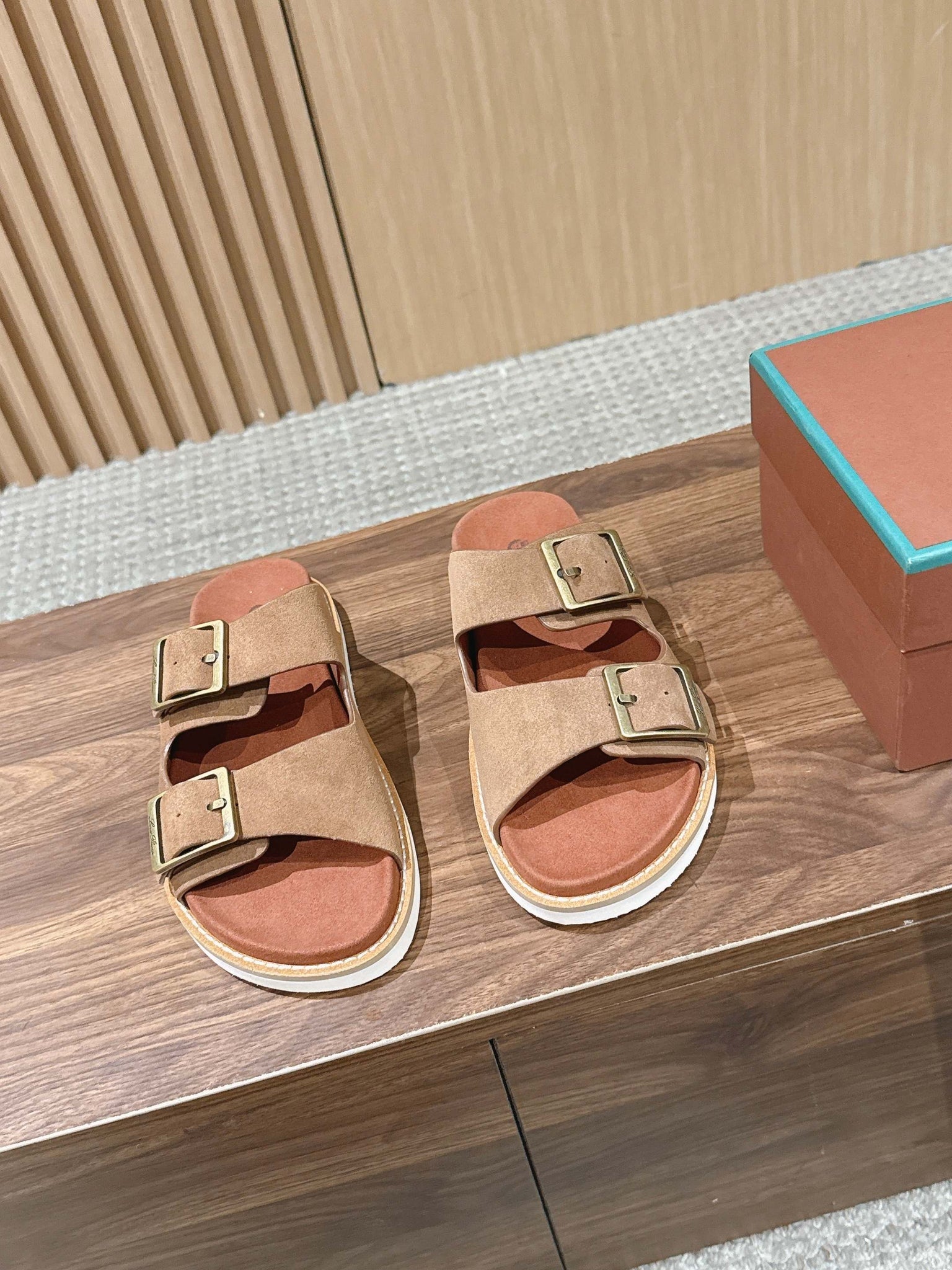 LP 26s Men’s Double Buckle Slides In Brown Suede Gold Hardware