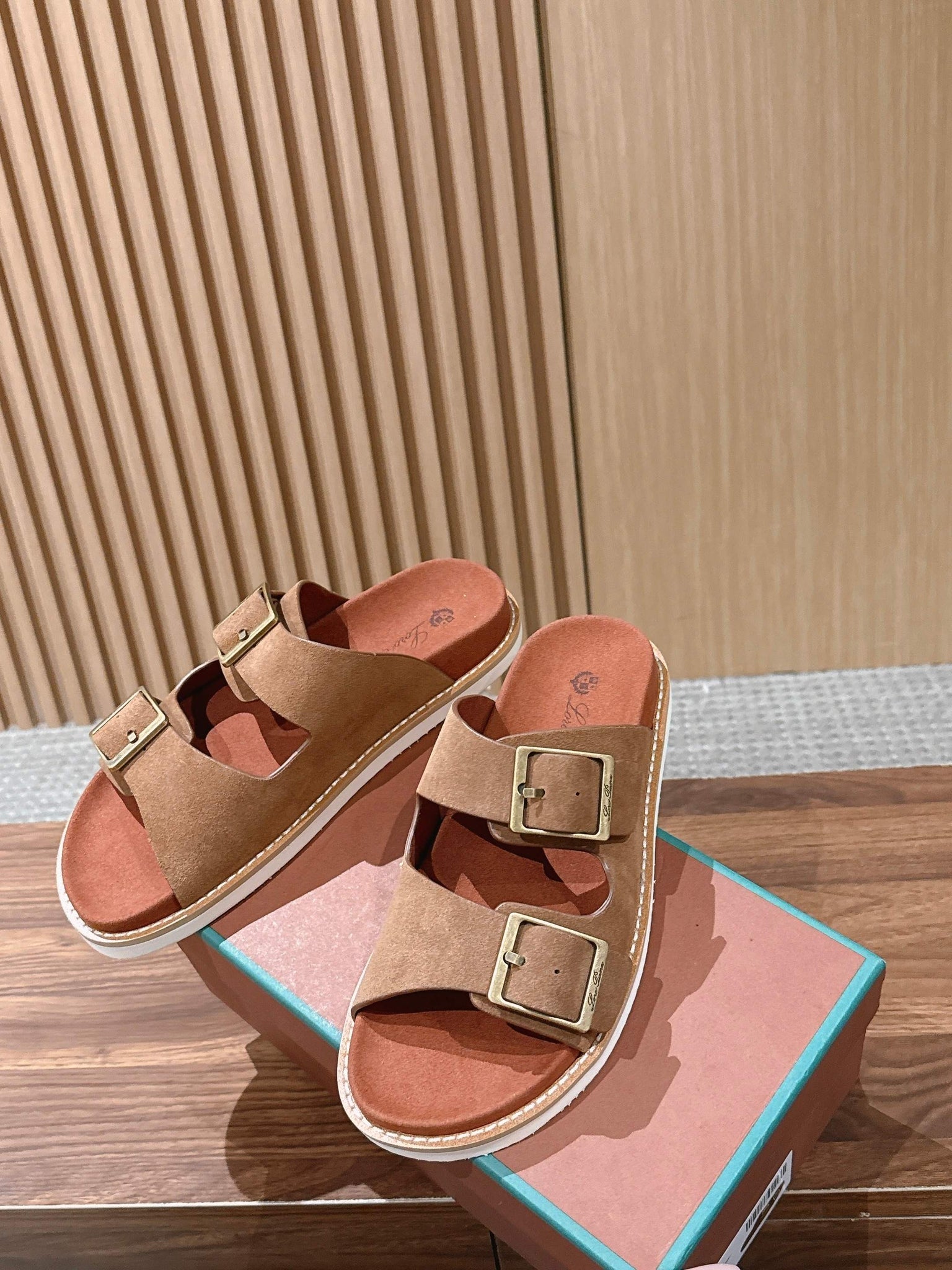 LP 26s Men’s Double Buckle Slides In Brown Suede Gold Hardware