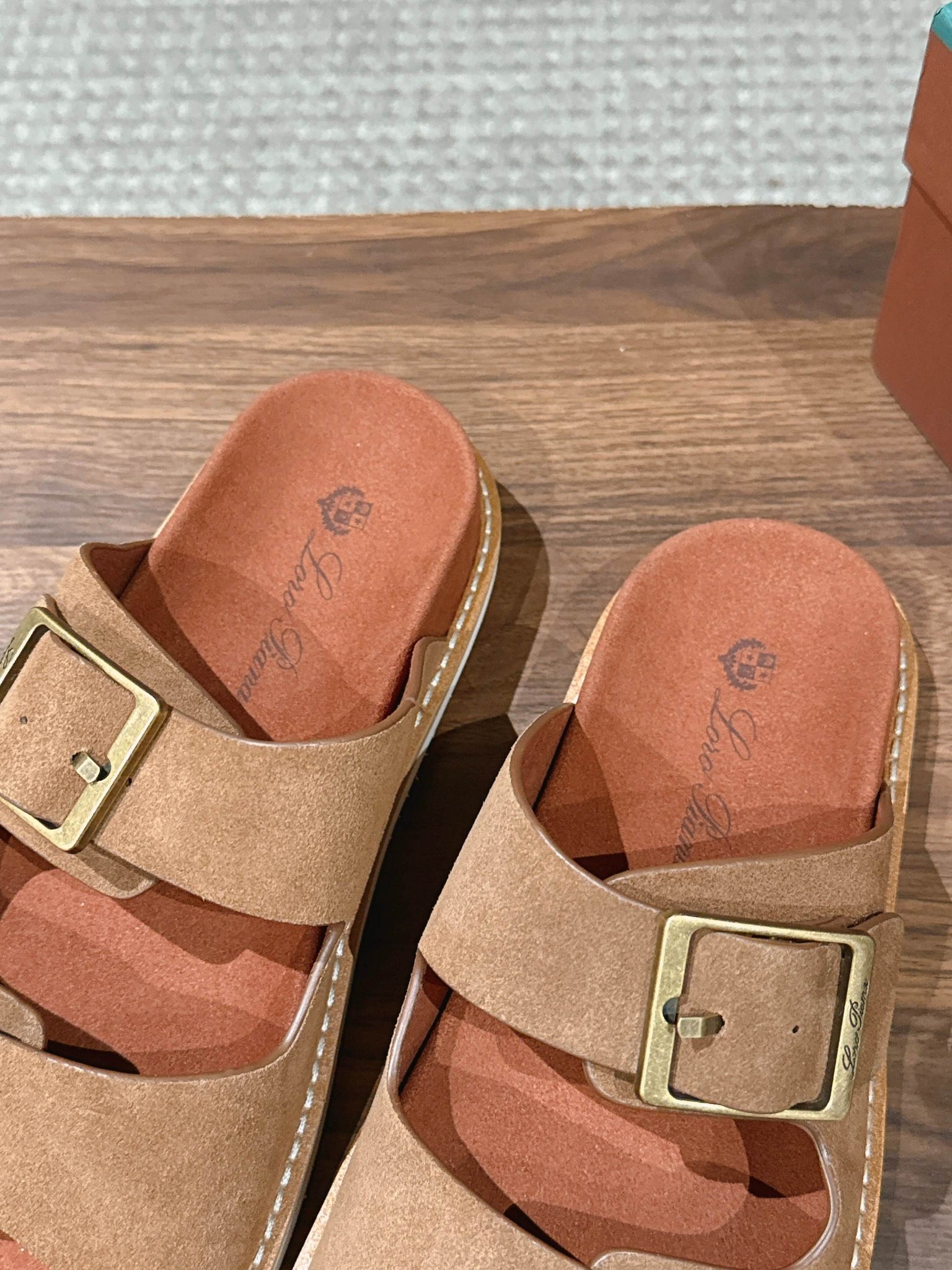 LP 26s Men’s Double Buckle Slides In Brown Suede Gold Hardware