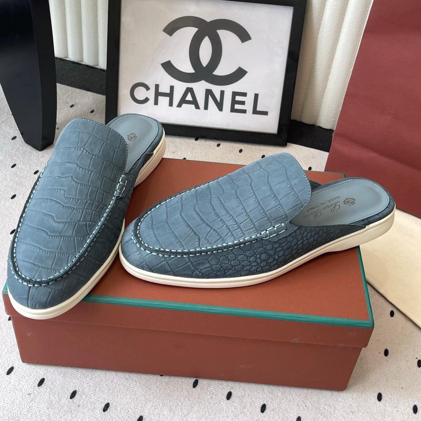 LP 26s Mule Loafers Stale Blue Crocodile-Embossed Leather 892429