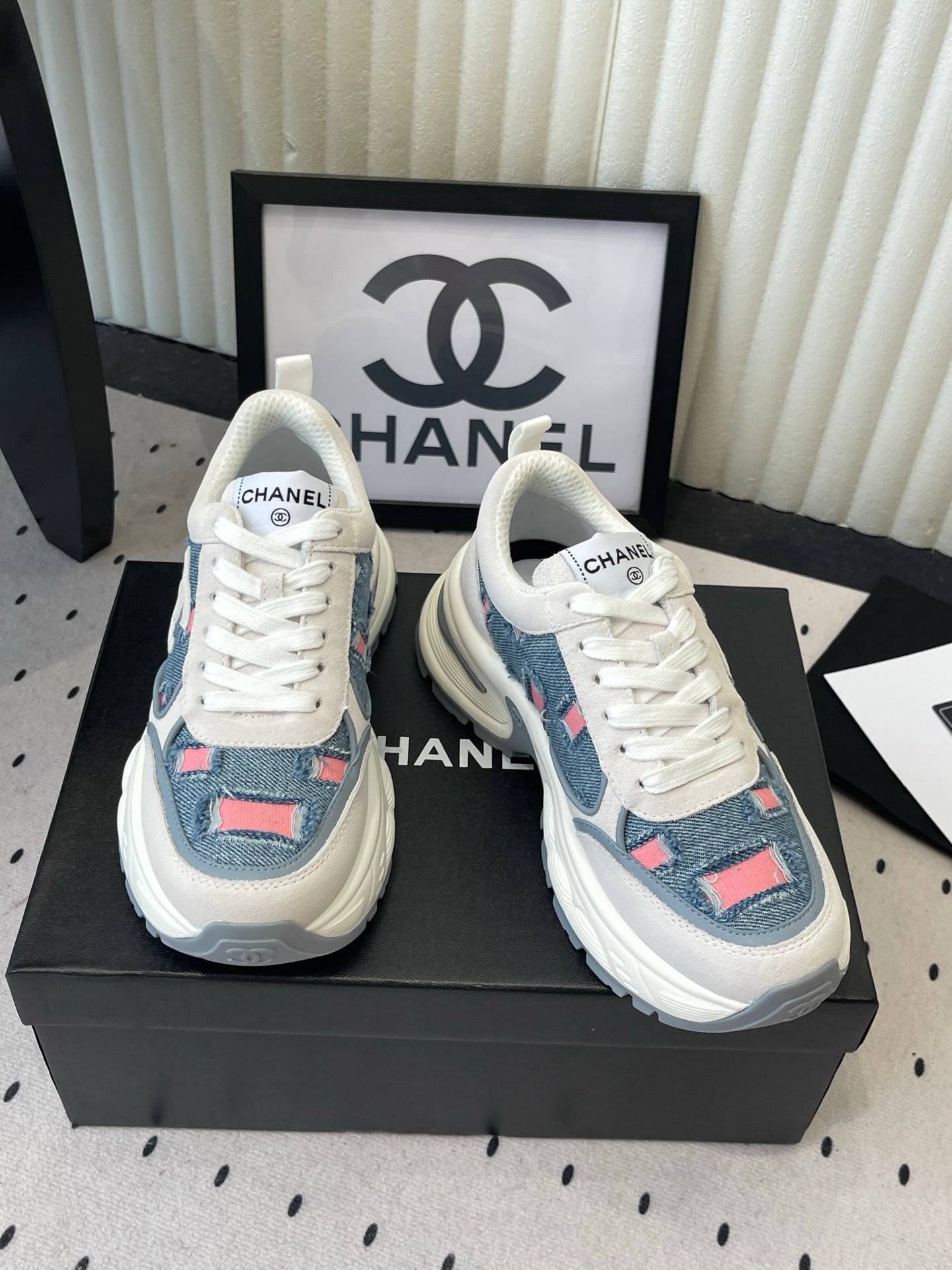 CC 26s Chunky Platform Casual Sneakers Blue White Pink Denim Suede 968604