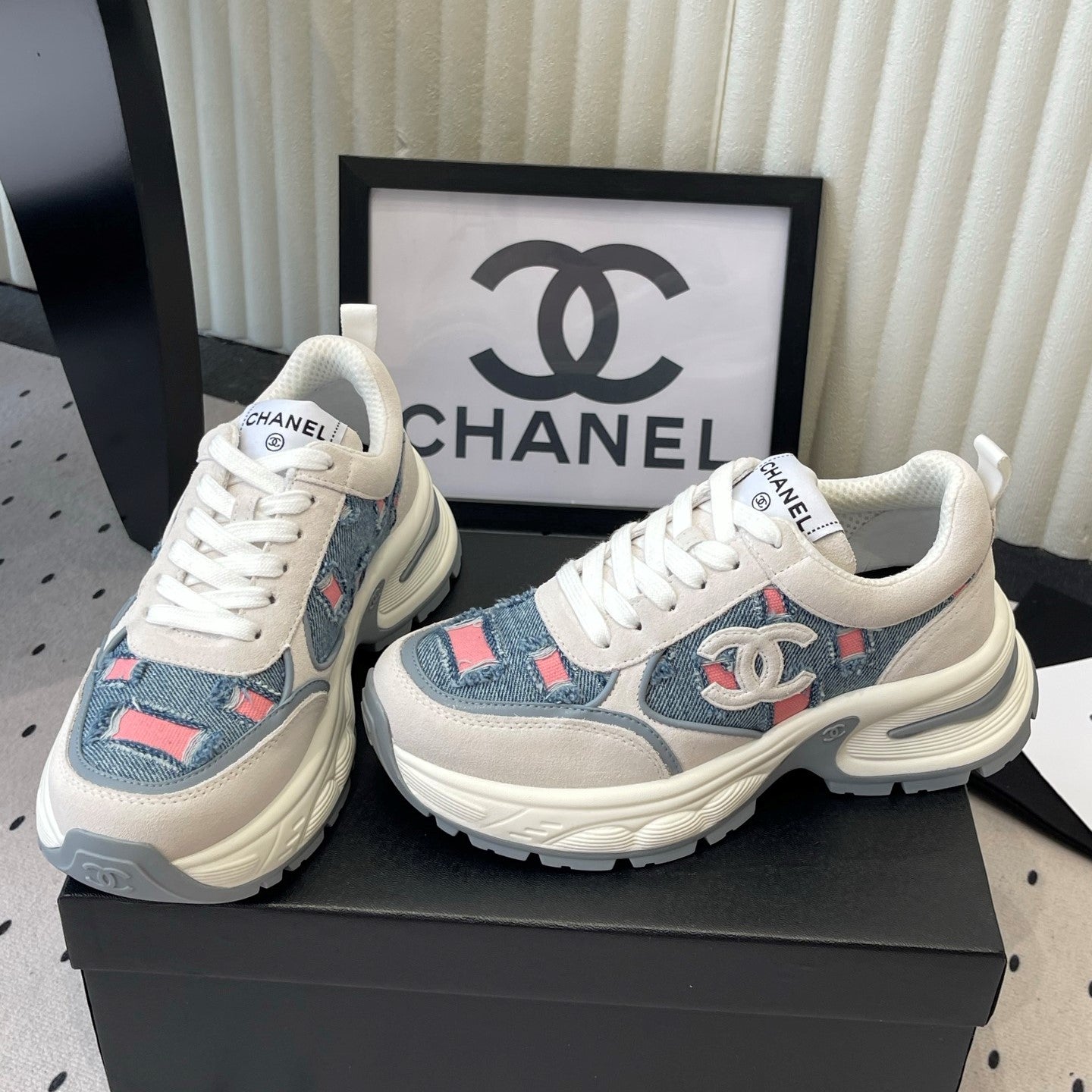 CC 26s Chunky Platform Casual Sneakers Blue White Pink Denim Suede 968604