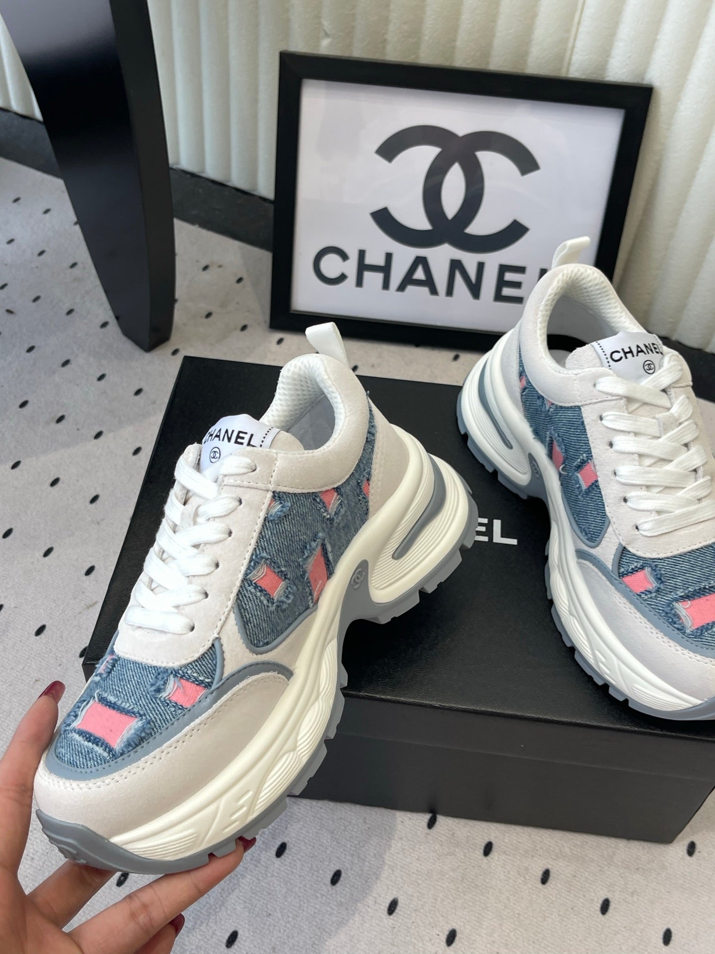 CC 26s Chunky Platform Casual Sneakers Blue White Pink Denim Suede 968604