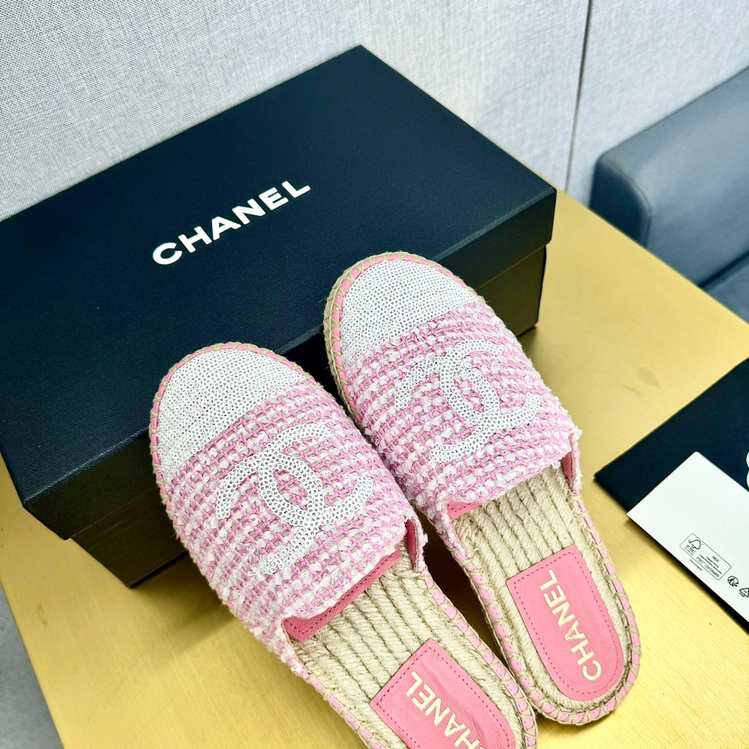 espadrilles mule pink white tweed cotton white sequin