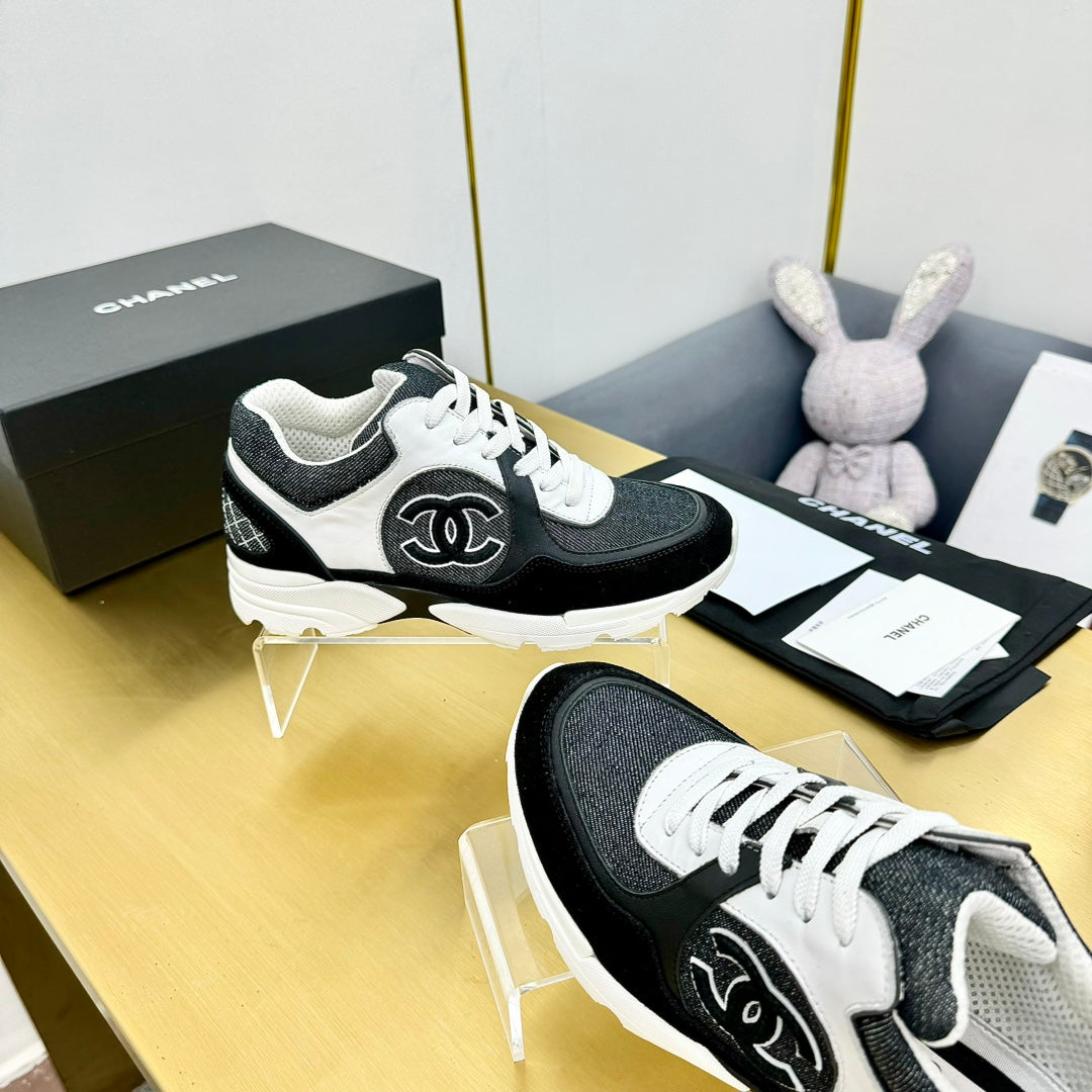 cc womens sneaker in white black wool tweed and black suede calfskin 137606