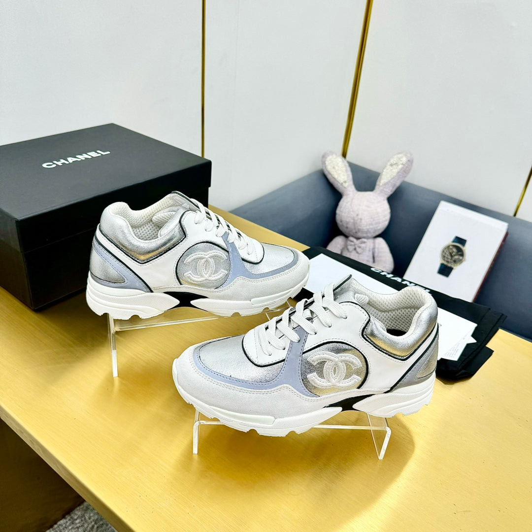 cc womens sneaker in silver wool tweed and white grey suede calfskin 137608