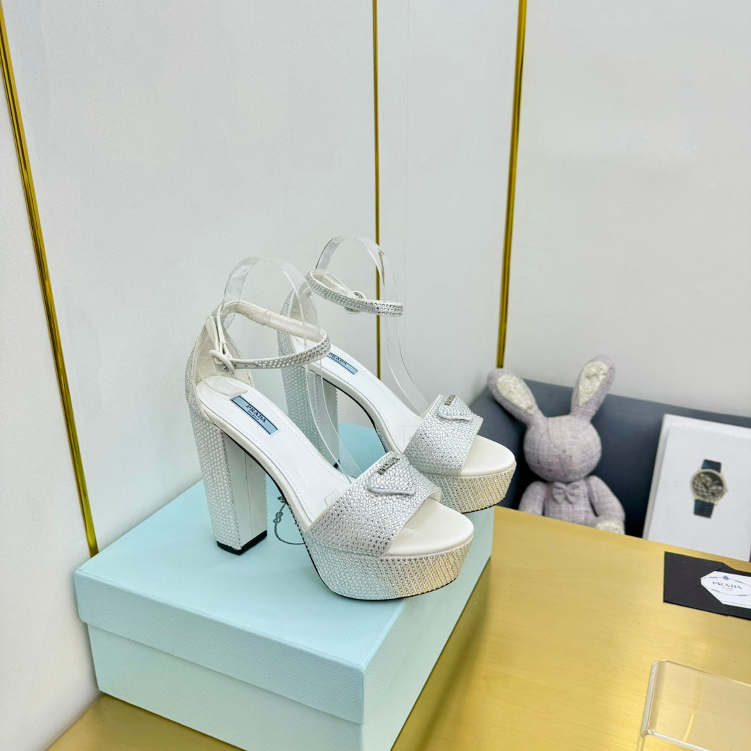 Prada 26s Platform Sandals Silver Rhinestone 140619
