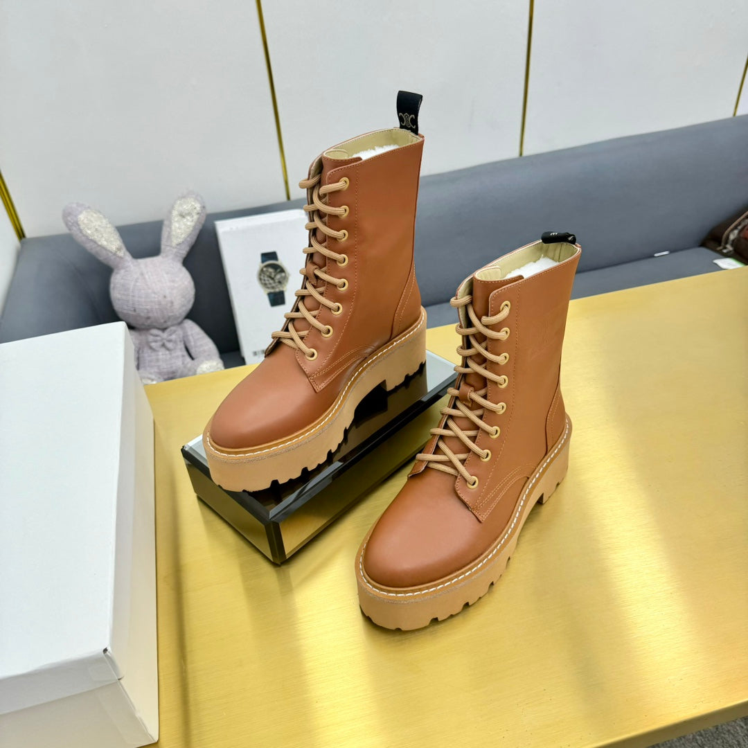 Celine 26s Bulky Lace-up Boot Brown Calfskin 987336