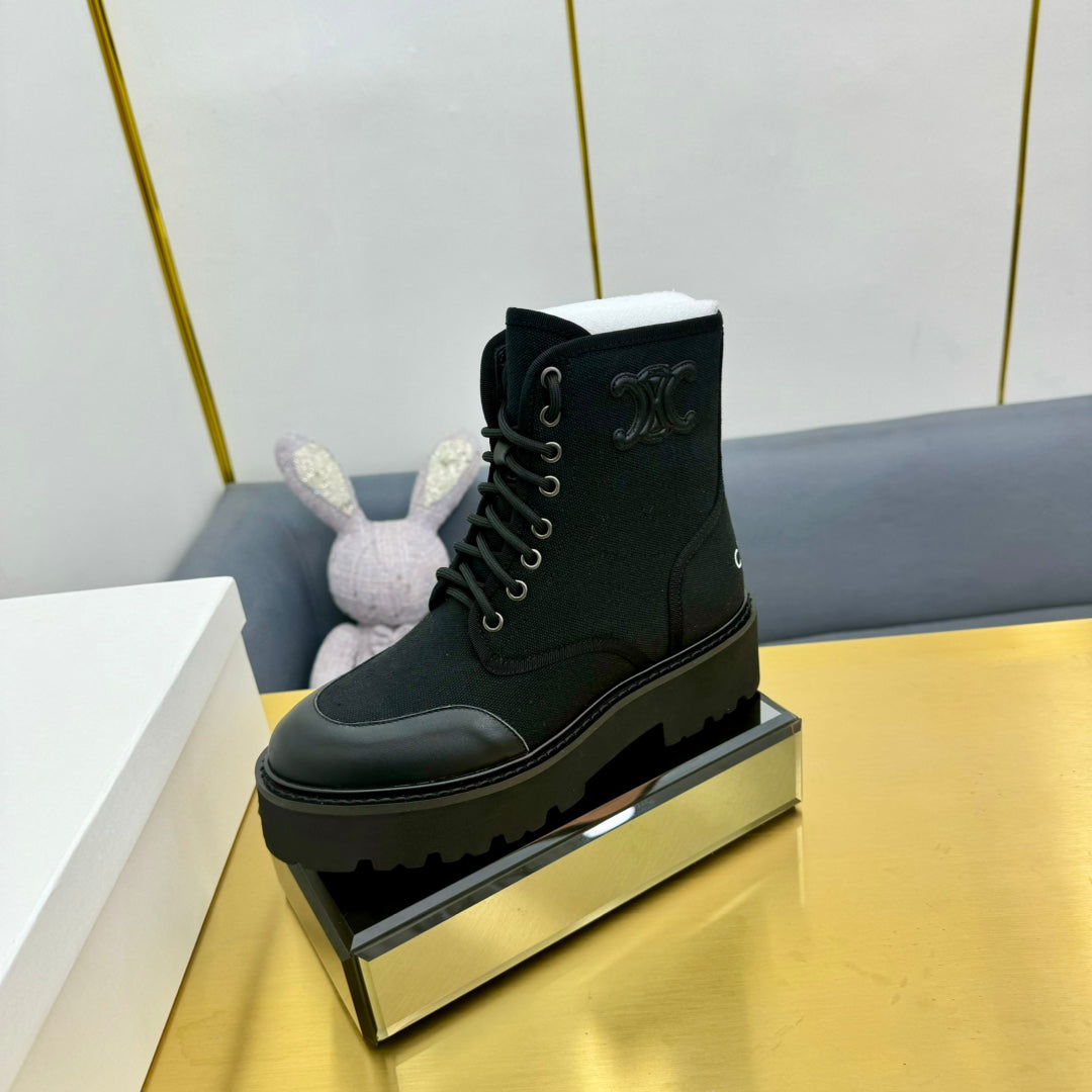Celine 26s Bulky Lace-up Boot Black Canvas Calfskin 987337