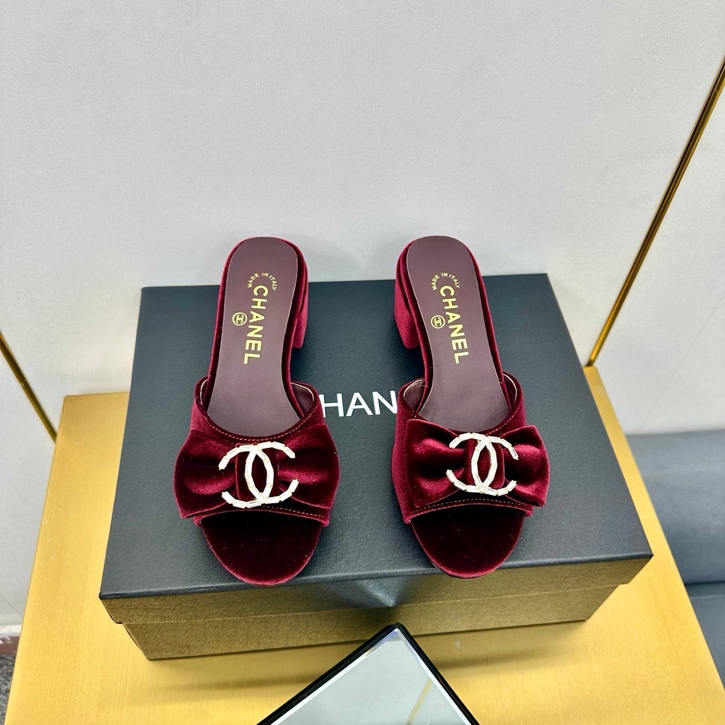 cc 25 bow mule sandal 50mm burgundy velvet 238479