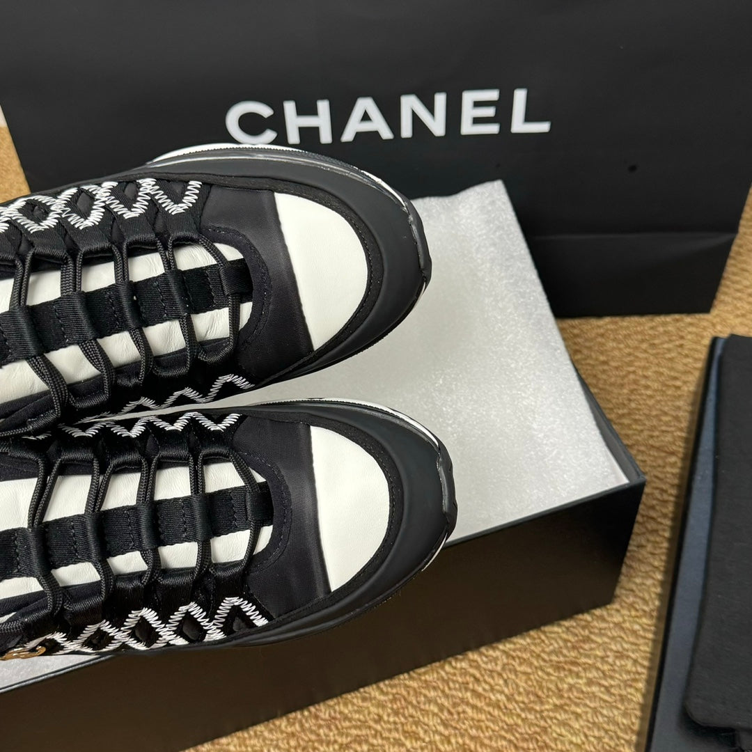 CC Sneaker Black Mix White Calfskin And Silk Parachute Fabric 947509