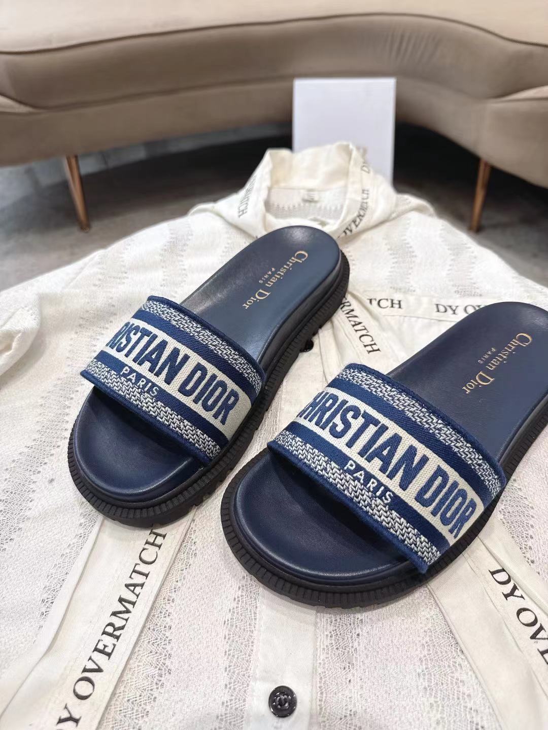 CD 26s Platform Sandals Navy Blue Cream Leather Fabric 944464
