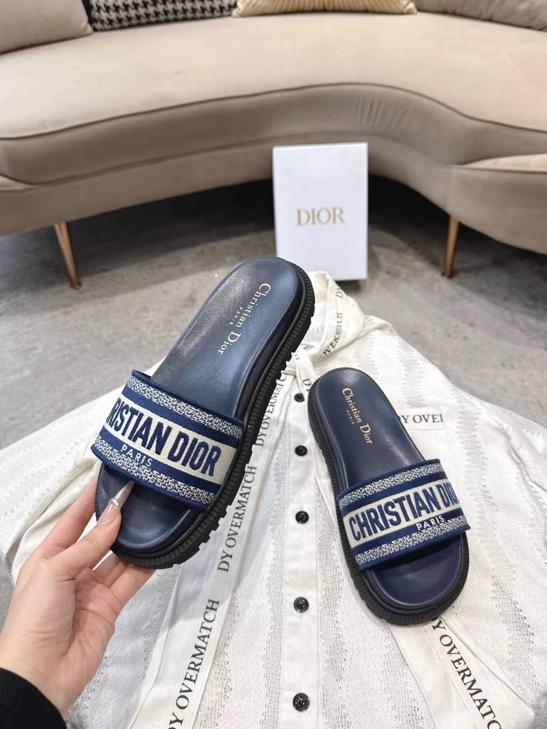 CD 26s Platform Sandals Navy Blue Cream Leather Fabric 944464