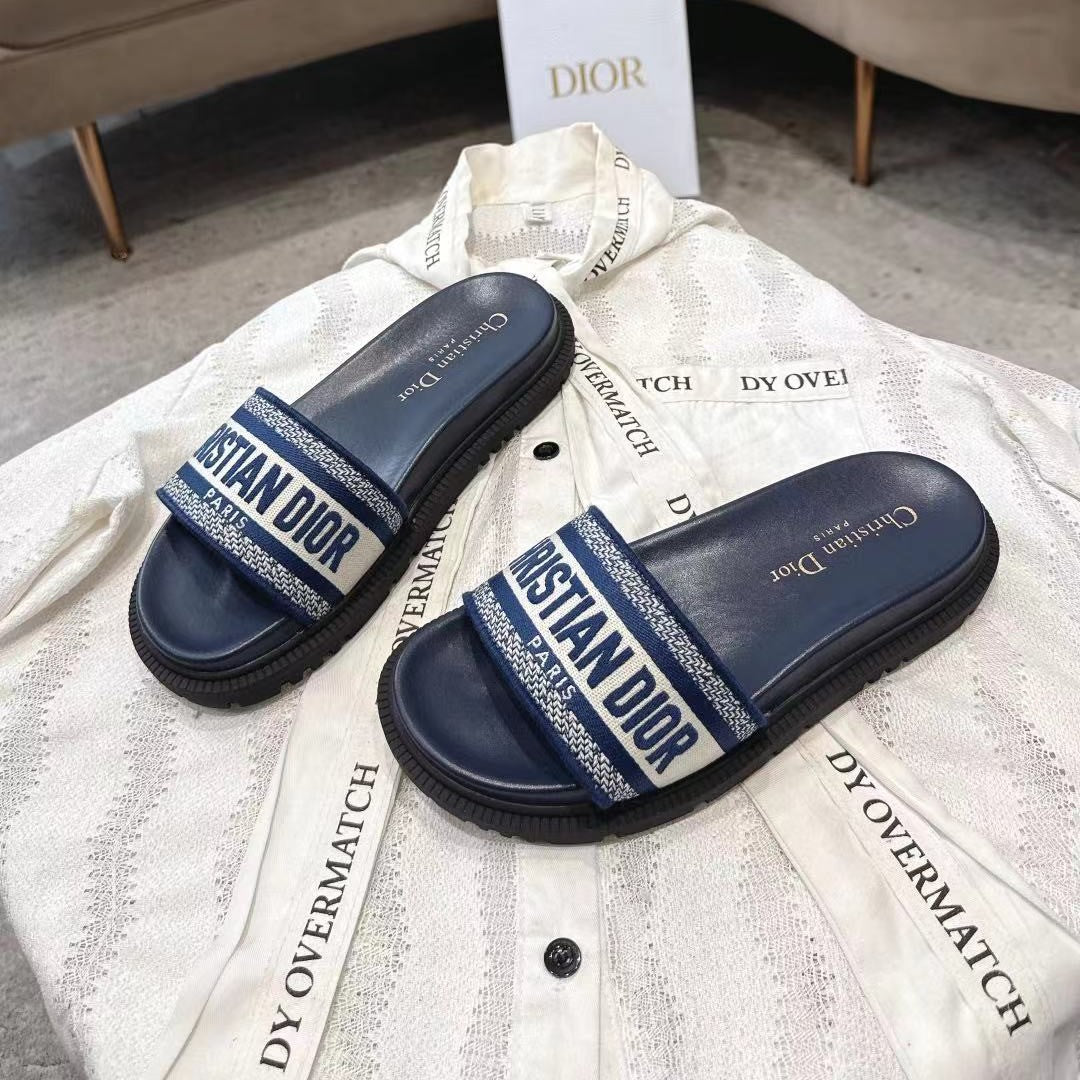 CD 26s Platform Sandals Navy Blue Cream Leather Fabric 944464