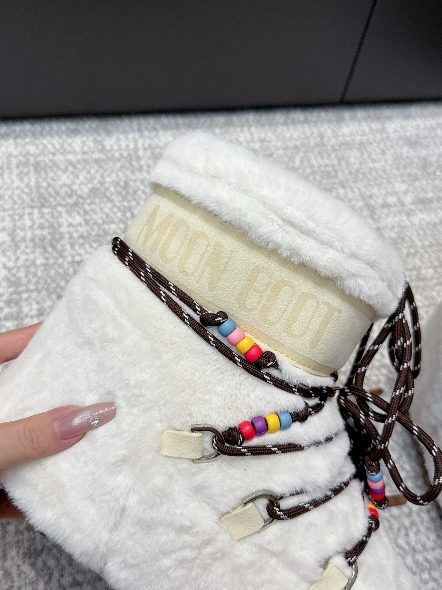 Moon Boot Icon Low Faux Fur White with Beaded Brown Laces 515590