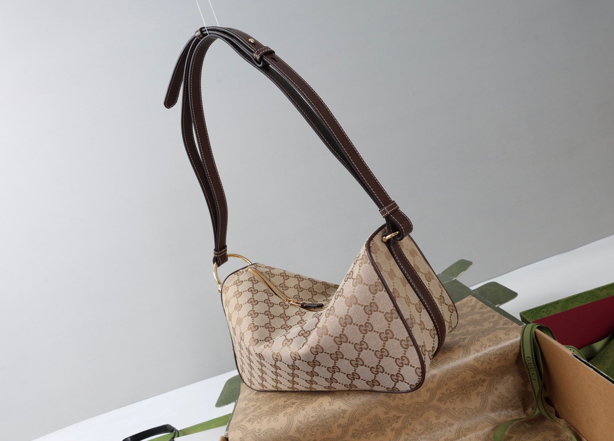 GG Half Horsebit Medium Shoulder Bag Beige Brown Canvas