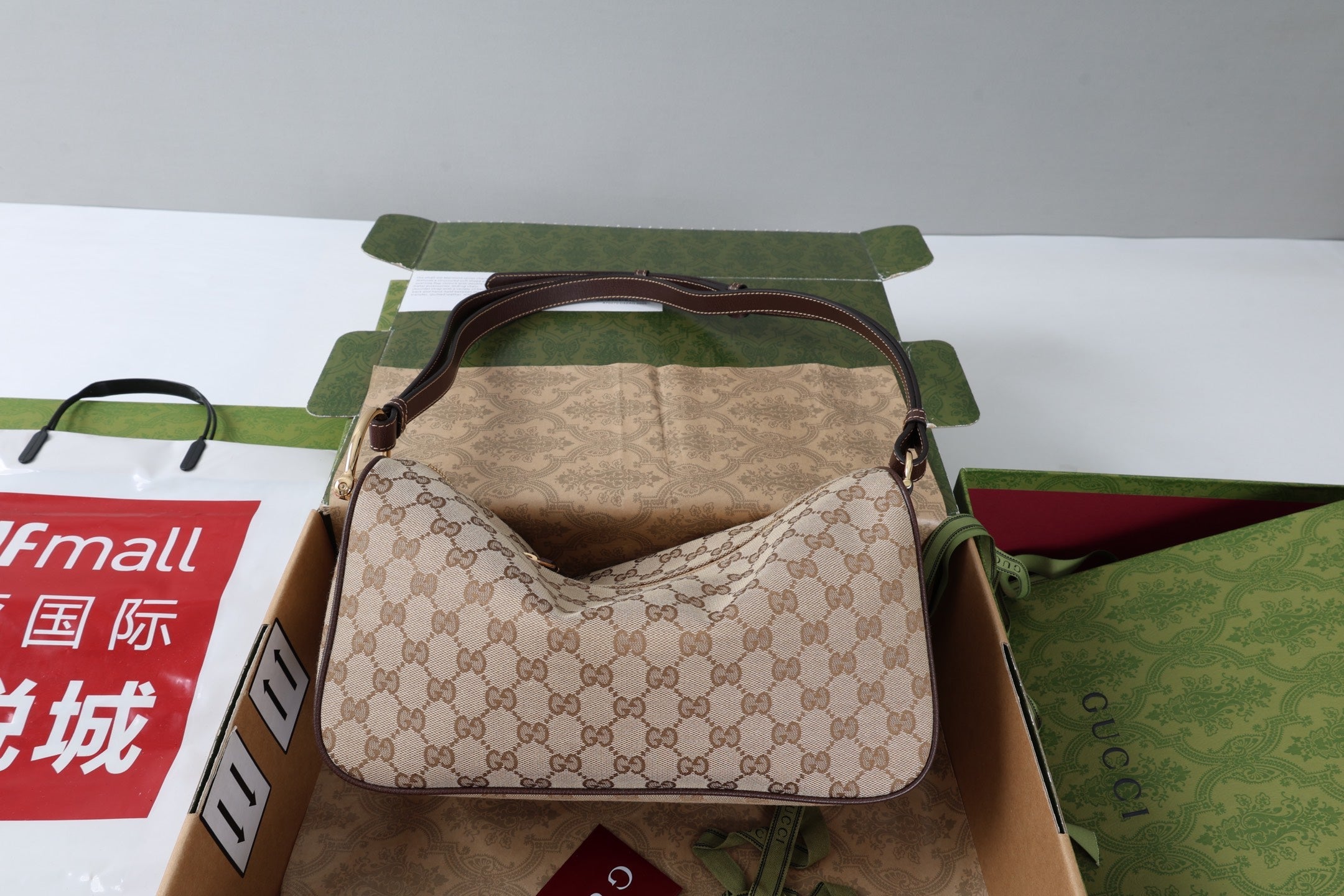 GG Half Horsebit Mini Shoulder Bag Beige Brown Canvas