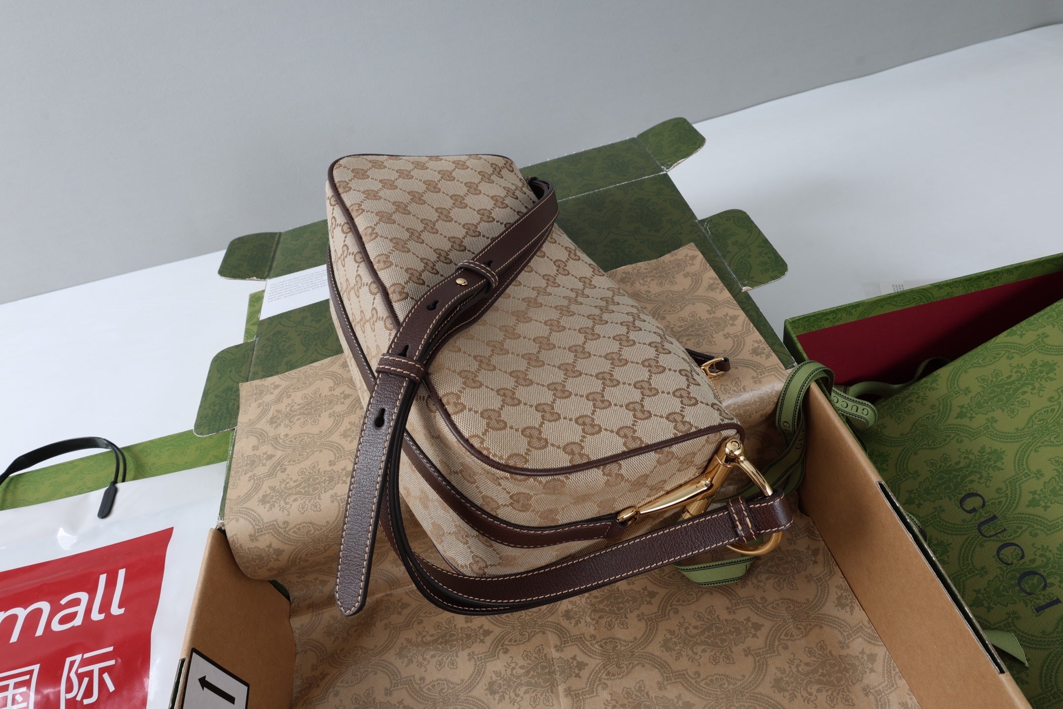 GG Half Horsebit Medium Shoulder Bag Beige Brown Canvas