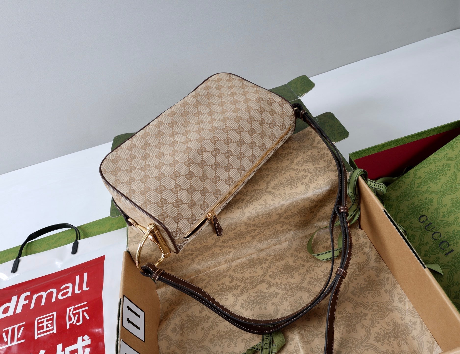 GG Half Horsebit Mini Shoulder Bag Beige Brown Canvas