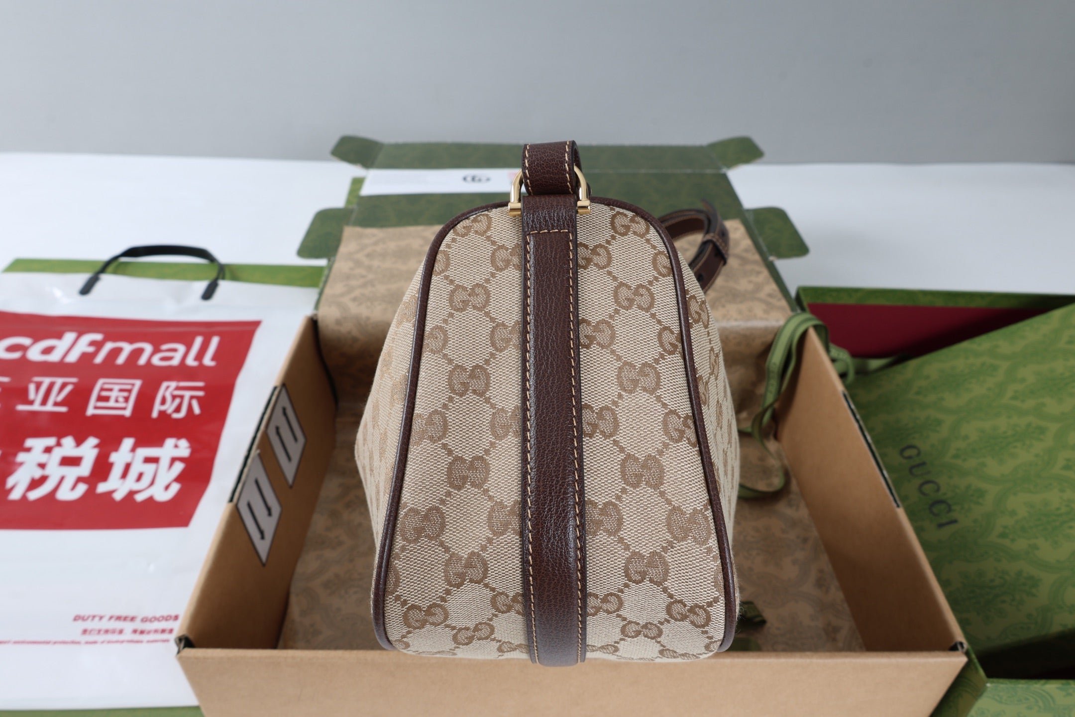 GG Half Horsebit Medium Shoulder Bag Beige Brown Canvas