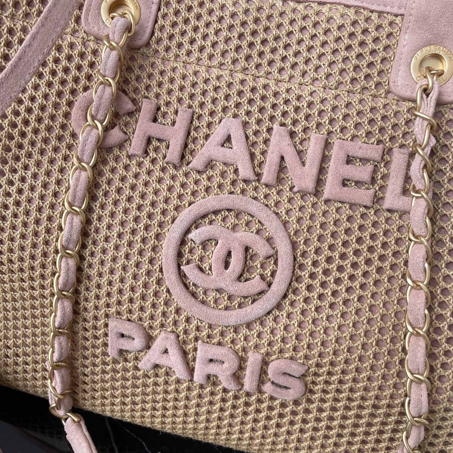 CC 25 Deauville Tote Bag 38cm Beige Pink Crochet Suede