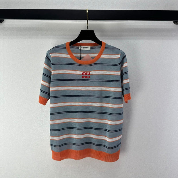 Miumiu 2026 Striped Knit Short-sleeved Top Blue-Grey mix Orange Cotton 395632