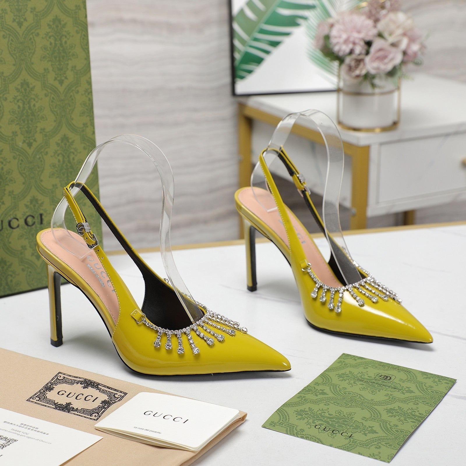 GG CRYSTAL HIGH HEEL SANDAL LEMON LAMBSKIN