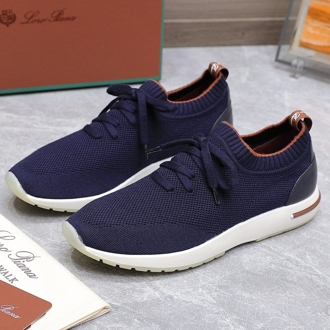 LP lady Flexy Walk Sneaker Navy Blue mix Orange Wool and Calfskin 310450