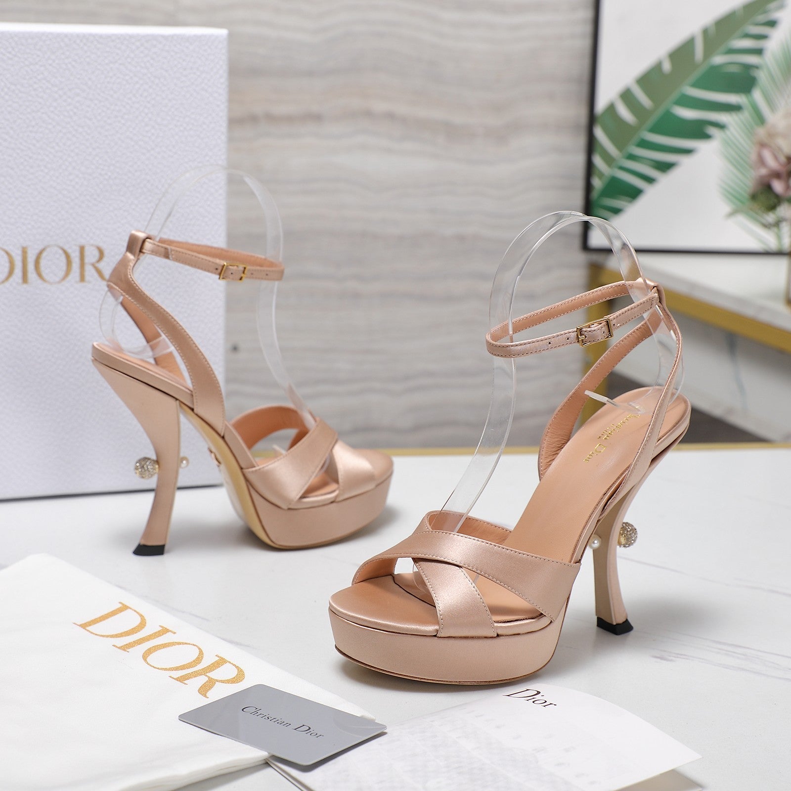 CD Pearl-Embellished High Heel Sandals 25s 115 Mm In Beige Satin