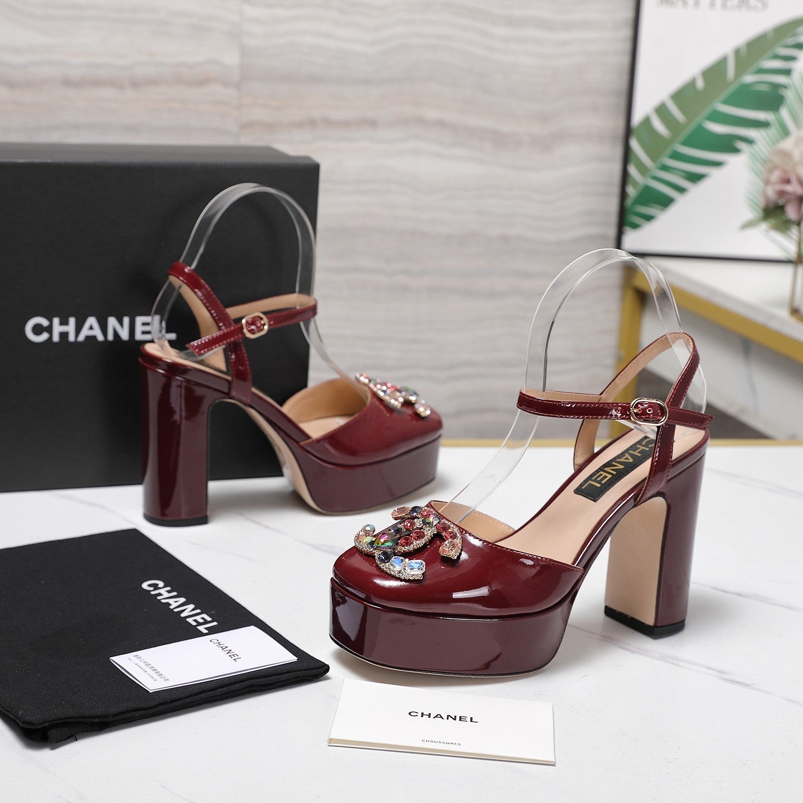 CC 25s Multicolor Stones Buckle Sandals 110mm Burgundy Patent Leather & Sheepskin 425826