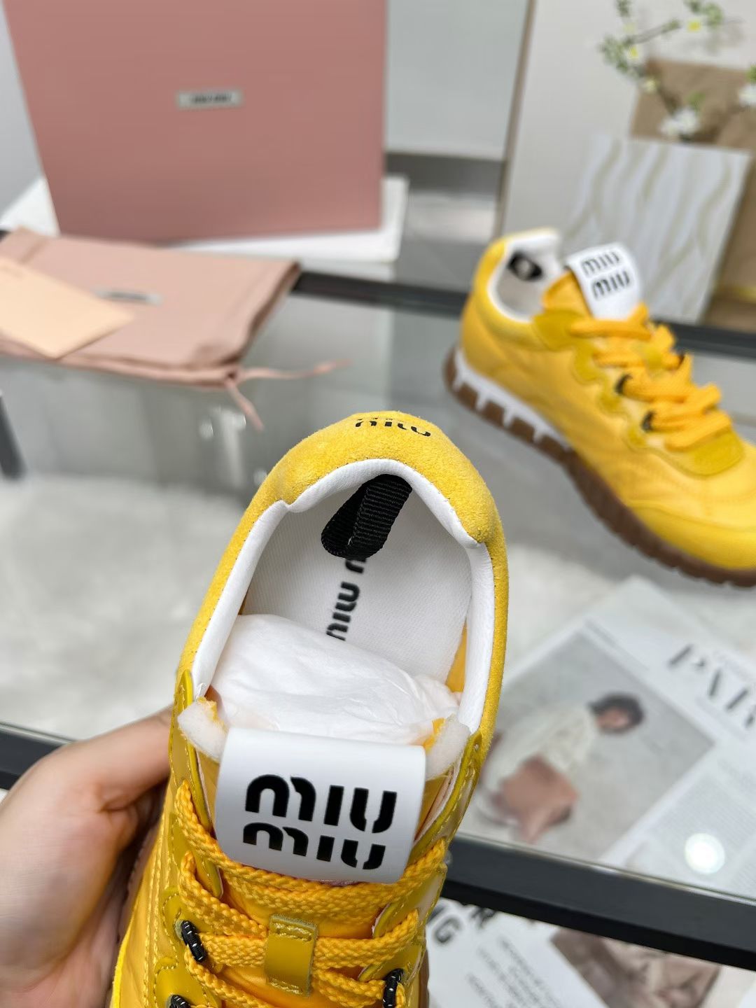 Miu TYRE Sneakers Yellow Suede  Technical Fabric 456332