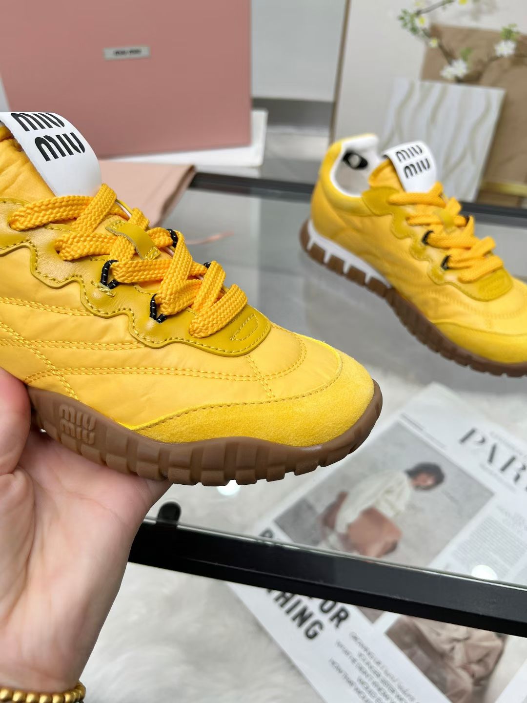 Miu TYRE Sneakers Yellow Suede  Technical Fabric 456332