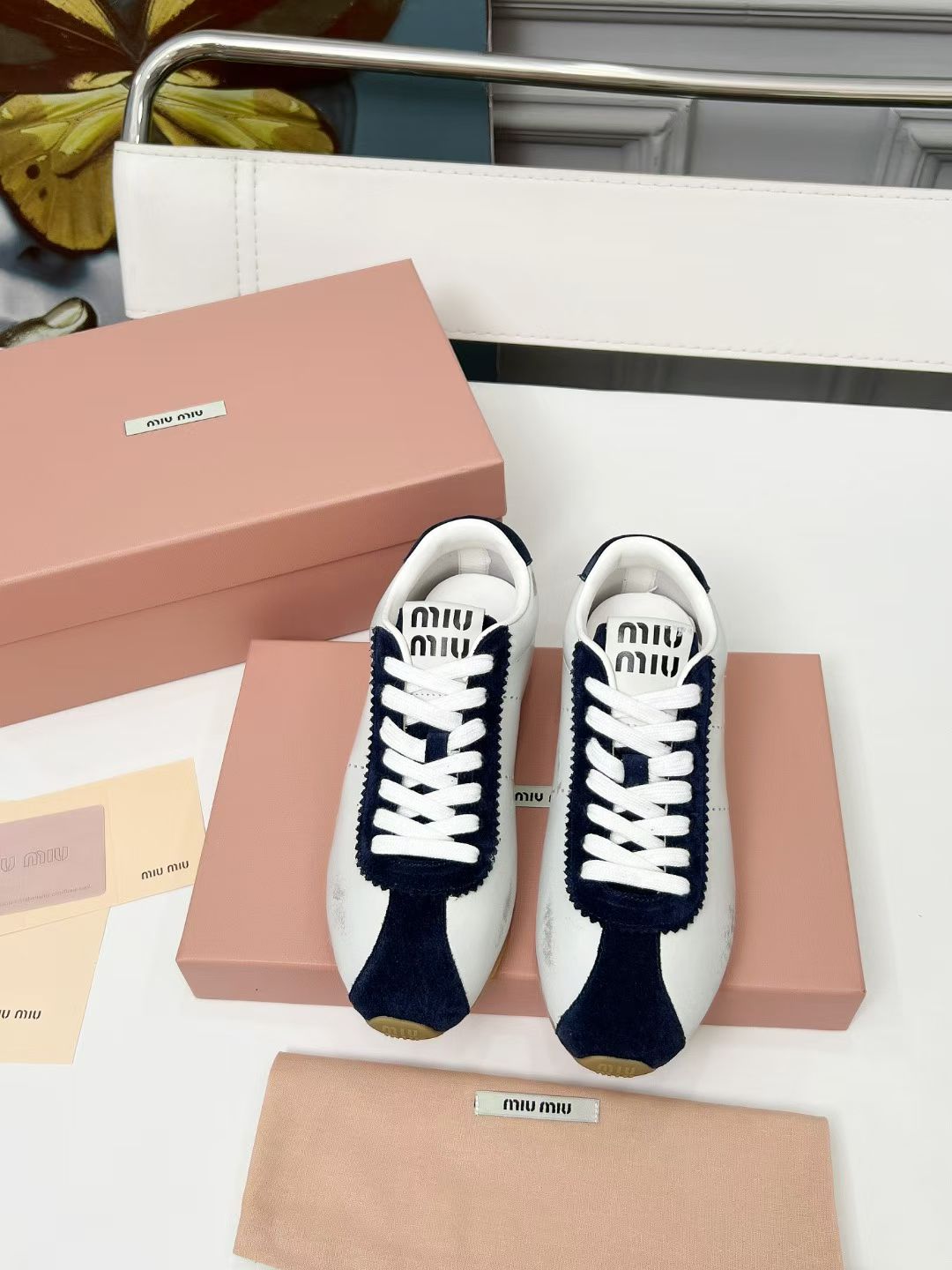 Miu Plume Sneakers Navy Blue White Cowhide Suede  456353