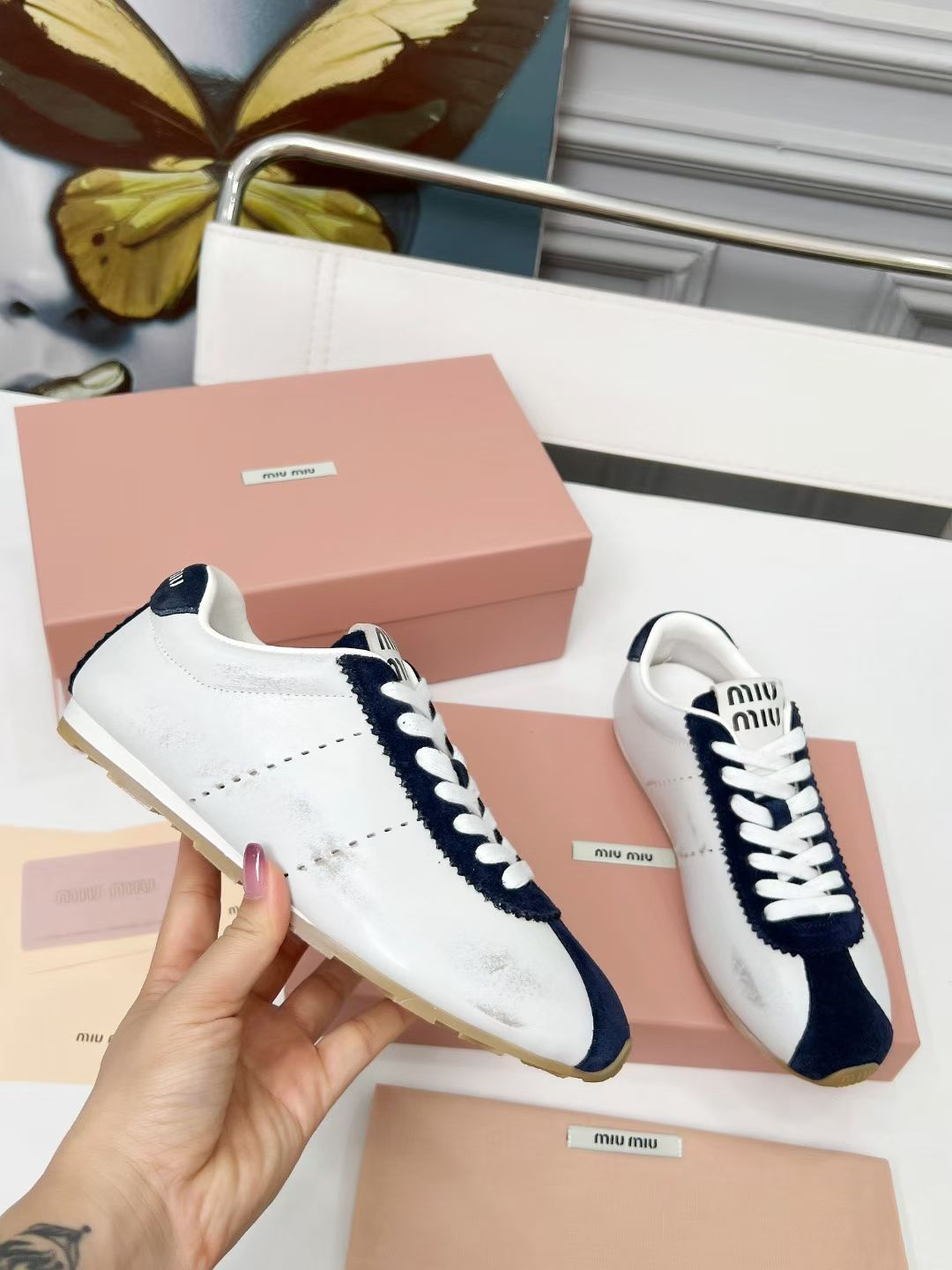 Miu Plume Sneakers Navy Blue White Cowhide Suede  456353